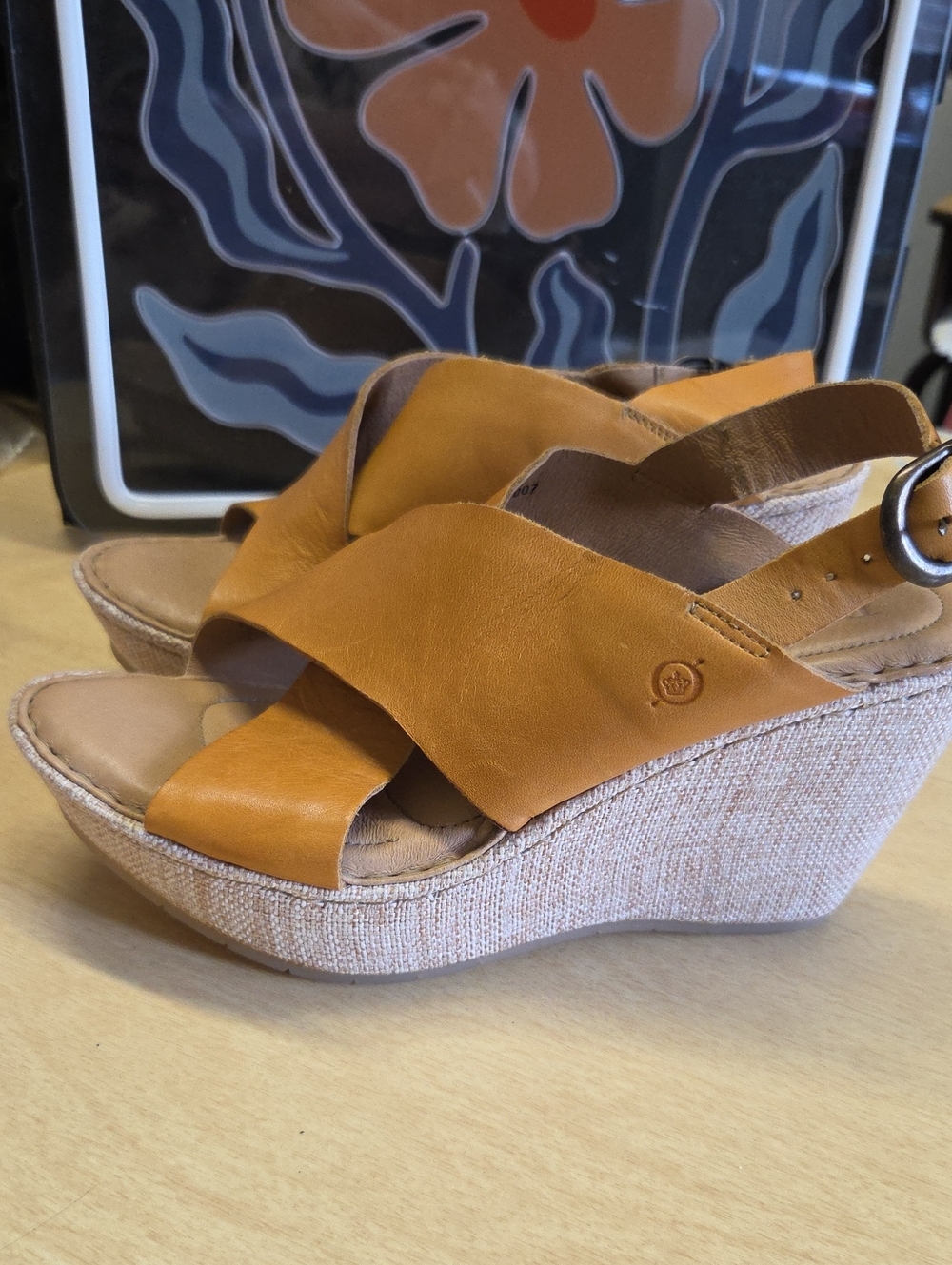 Born Tan Leather Crisscross Wedge Sandal